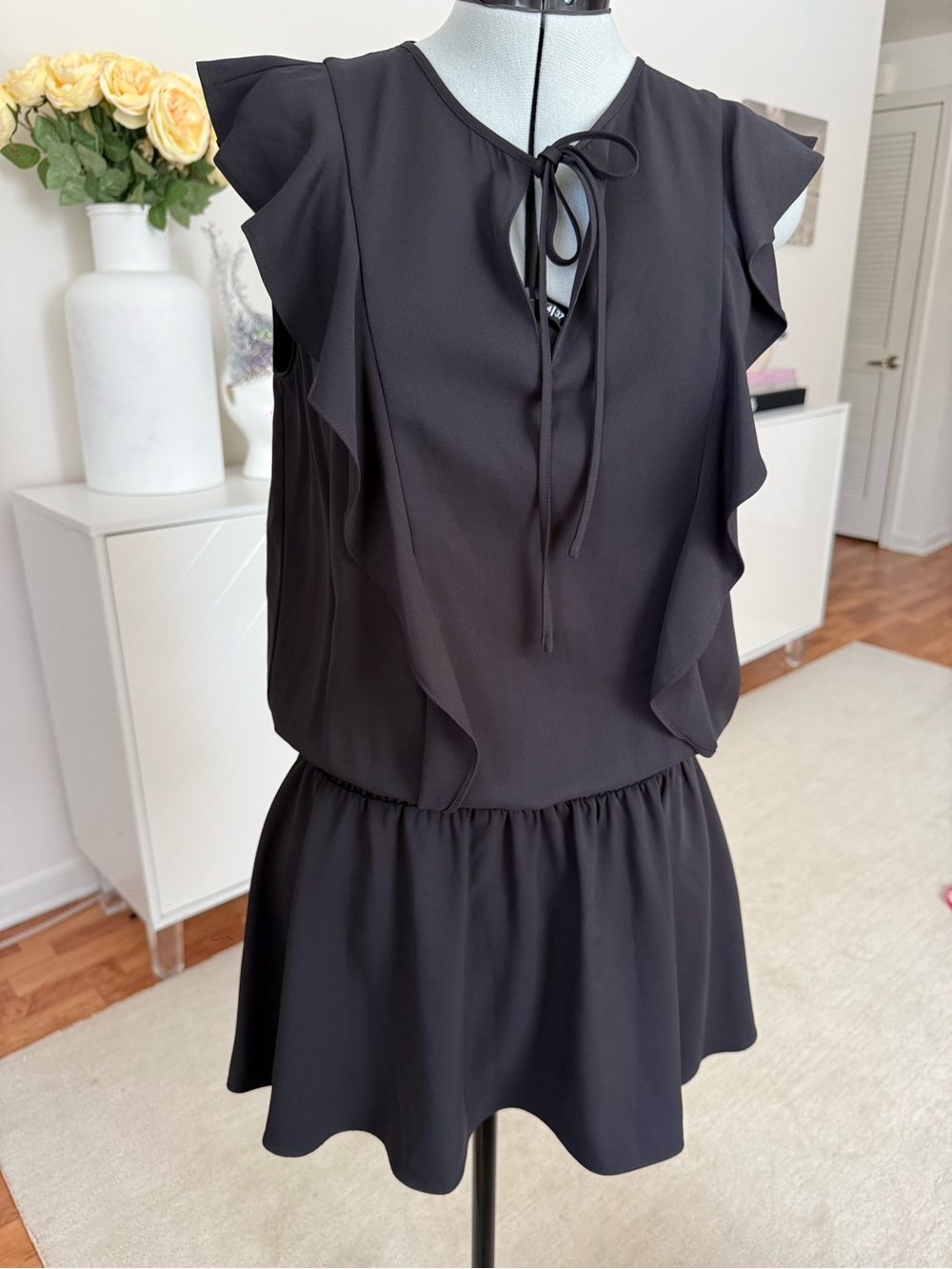 Amanda Uprichard Black Ruffle Smocked Mini Dress M